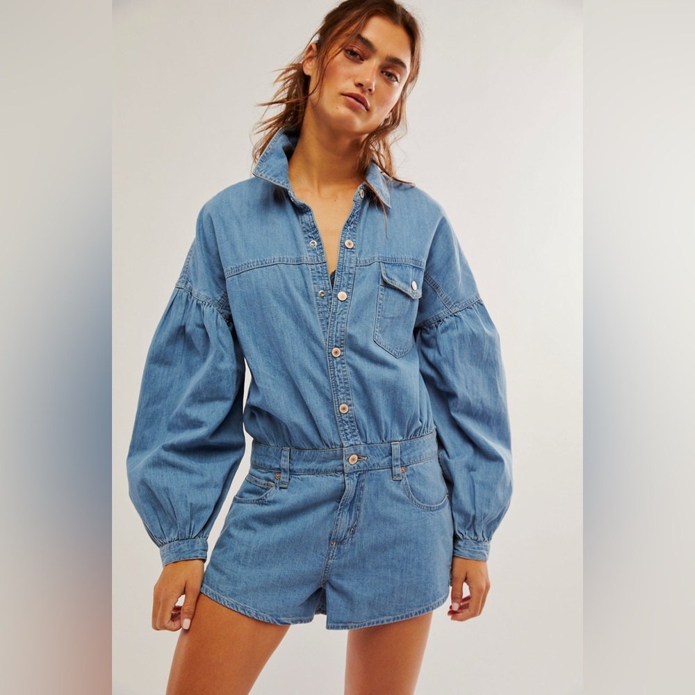 Free People We The Free Zodiac Chambray One-Piece Romper in Moon Blue